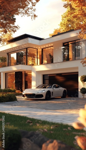 Modern White Two-Story House with Garage and Luxury White Sports Car. Evening Sunset. 3D Rendering.