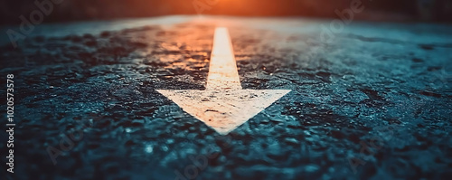 A close-up shot of a white arrow painted on a rough asphalt surface at night, illuminated by soft light in the distance photo