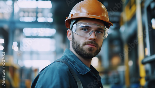 Focused Factory Worker Wearing Protective Gear in a Large Industrial Warehouse