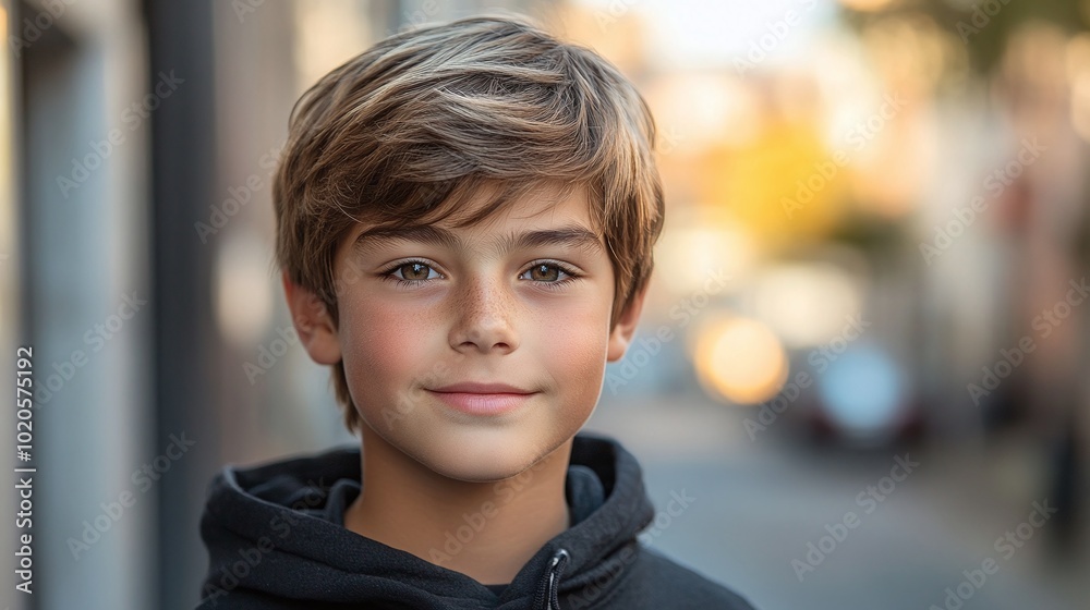 early teenage boy smirking at the camera, outdoors on a city street, confident expression and relaxed style, capturing the essence of urban youth in a casual and trendy downtown environment early teenage boy smirking at the camera, outdoors on a city street, confident expression and relaxed style, capturing the essence of urban youth in a casual and trendy downtown environment