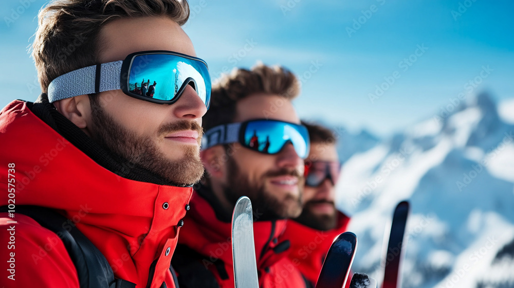 Snowboarder-skier in a suit, glasses, hat and ski jacket against the background of snow-capped mountains. Snowboarder-skier in a suit, glasses, hat and ski jacket against the background of snow-capped mountains.