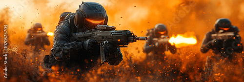 Futuristic soldiers engage in intense tactical combat,wielding advanced weaponry on a chaotic battlefield. The scene depicts a dramatic,high-stakes confrontation with explosive action and powerful. photo