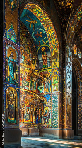 Stunning Stained Glass Windows and Intricate Mosaics in a Historic Church Interior