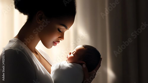 A young woman takes care of a newborn baby.