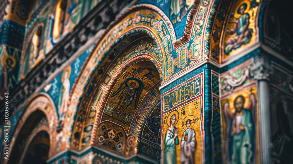 Obraz premium Intricate Religious Mosaics on Historic Church Arches with Vibrant Colors and Detailed Artwork