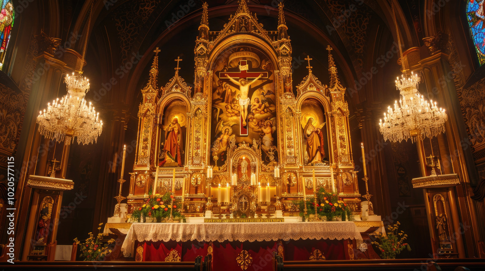 Fototapeta premium Ornate Golden Altar in a Historic Church with Chandeliers and Religious Icons