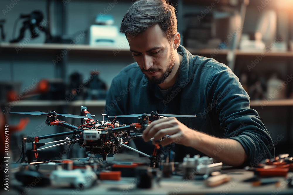 Man Assembling a Drone in a Workshop with Focus on Innovation and Technology Man Assembling a Drone in a Workshop with Focus on Innovation and Technology