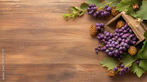 Fresh mulberries and leaves are beautifully arranged on wooden surface, creating vibrant and natural display. rustic wooden box adds charm to this delightful scene