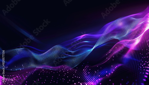 Abstract Wavy Pattern of Blue and Purple Lights on Black Background