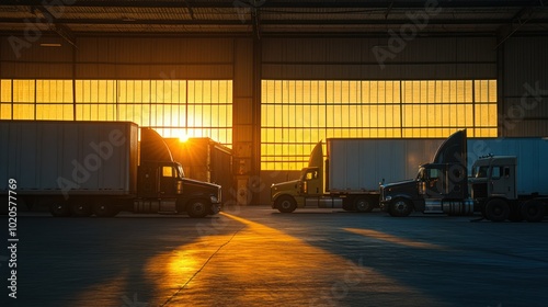 Two Semi-Trucks Parked Inside a Warehouse with Sunset Shining Through Windows