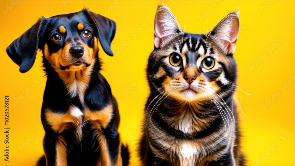 Black and brown dog and cat portrait together on yellow background isolated Black and brown dog and cat portrait together on yellow background isolated