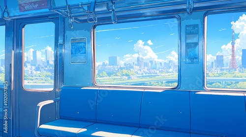 Empty seat on city train with bright cityscape view