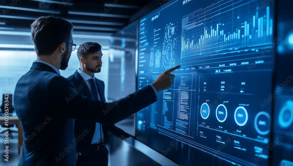 Business Professionals Analyzing Data on Large Digital Screen in a Modern Office Setting Business Professionals Analyzing Data on Large Digital Screen in a Modern Office Setting