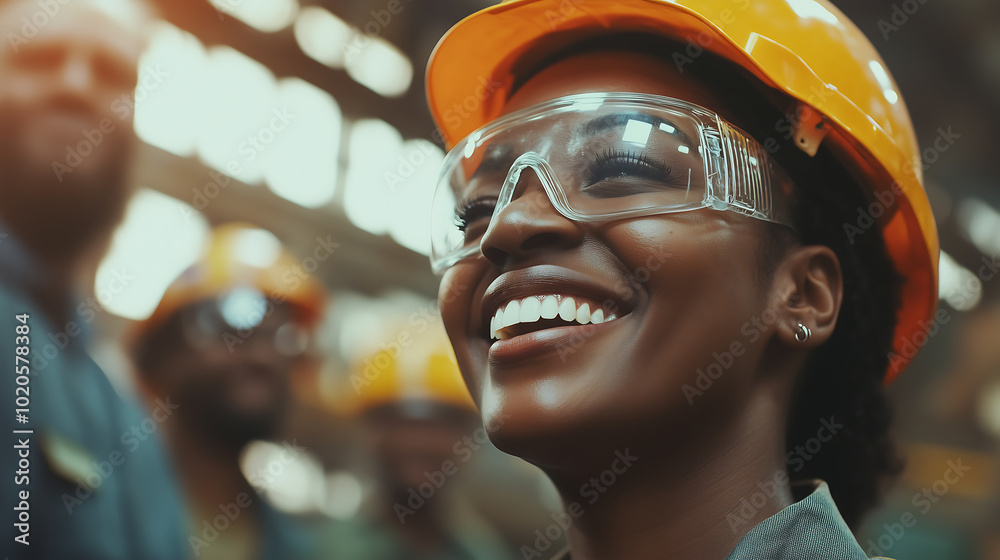 Close-Up of a Smiling Female Industrial Worker Wearing Safety Gear in a Manufacturing Facility Close-Up of a Smiling Female Industrial Worker Wearing Safety Gear in a Manufacturing Facility