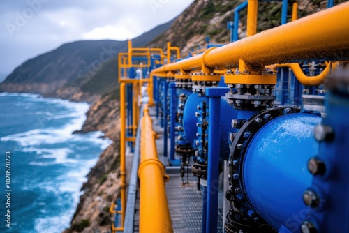 Vast industrial pipes run parallel to a rugged coastline while ocean waves crash below, combining human engineering and natural beauty in one frame. photo