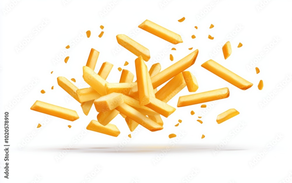 Obraz premium Falling French fries in motion, isolated on white, crisp and golden, perfect for food-related visuals, fast food marketing, or dynamic menu designs