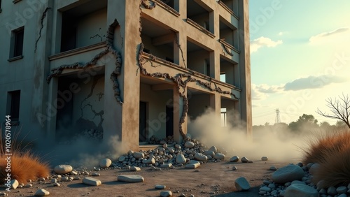 A haunting image of an abandoned urban complex, featuring a long row of dilapidated concrete buildings with uniform windows. The foreground is littered with rubble and debris, creating a stark contras photo