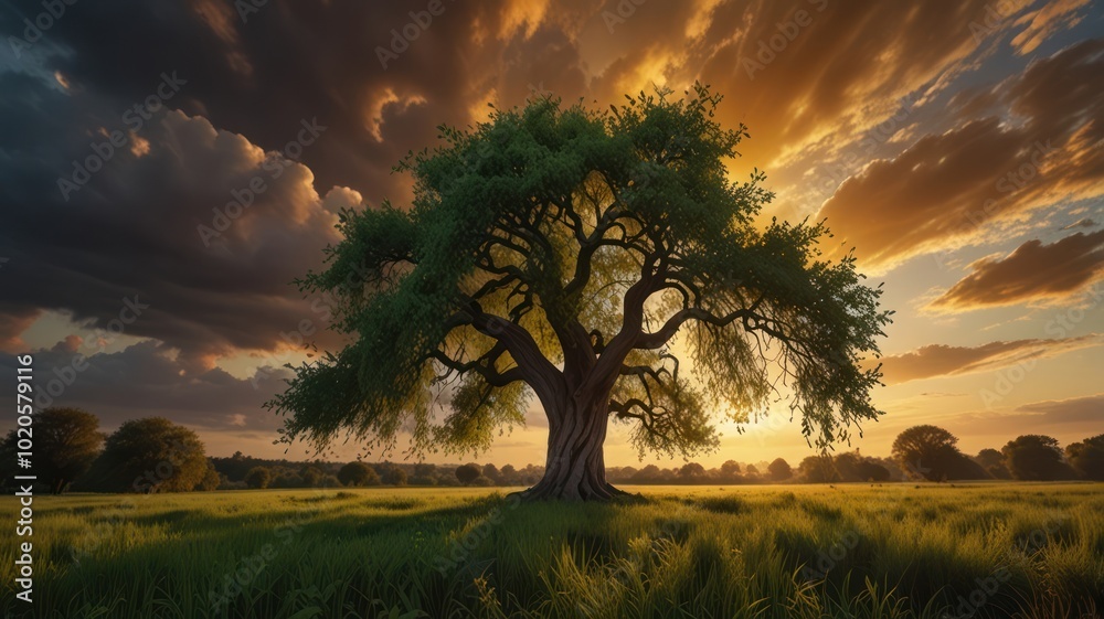Fototapeta premium A lone tree stands tall in a field at sunset, with dramatic clouds and golden light.