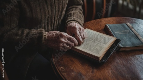 Close-up of Elderly Hands Tracing Text in Open Book