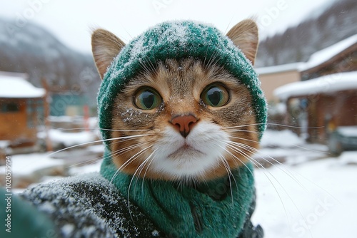 Wallpaper Mural cat takes a selfie in ski resort, holiday, travel,winter Torontodigital.ca