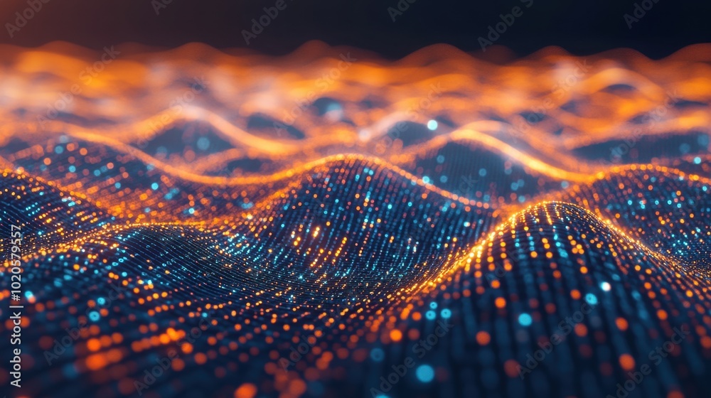 Abstract technology background with waves of light, binary codes, and connected digital points for futuristic internet business and big data concepts Abstract technology background with waves of light, binary codes, and connected digital points for futuristic internet business and big data concepts