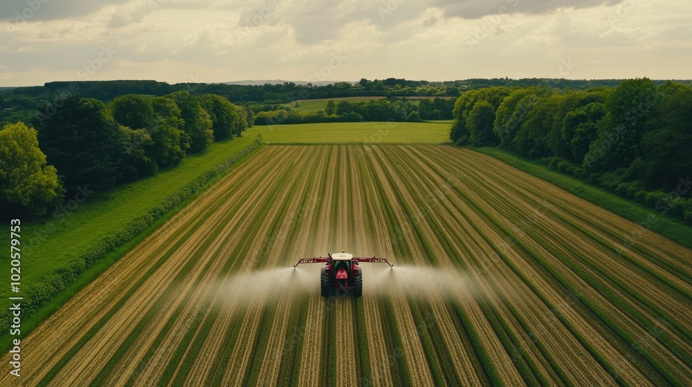 Fototapeta premium Aerial shot of a farm tractor spraying crops with pesticides, captured from a drone, showing the vast, orderly field and modern farming techniques