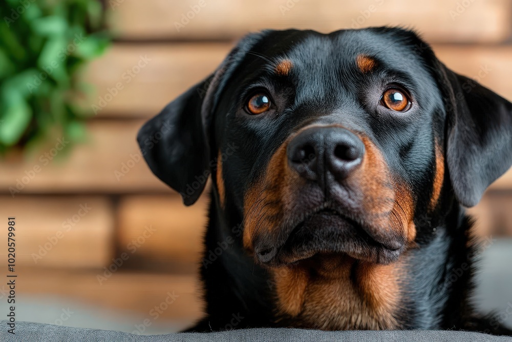 Fototapeta premium A close-up of a Rottweiler dog with soulful eyes, indoors, illustrating companionship, loyalty, and warmth, evoking emotions of trust and affection.