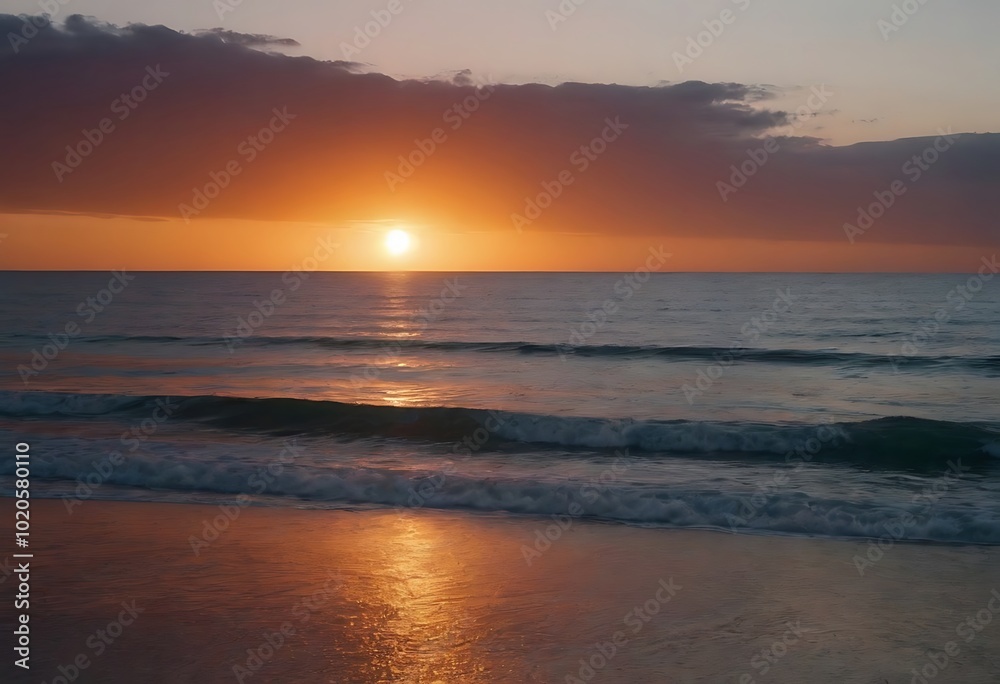 A vibrant sunset paints the sky orange over a calm ocean. A vibrant sunset paints the sky orange over a calm ocean.