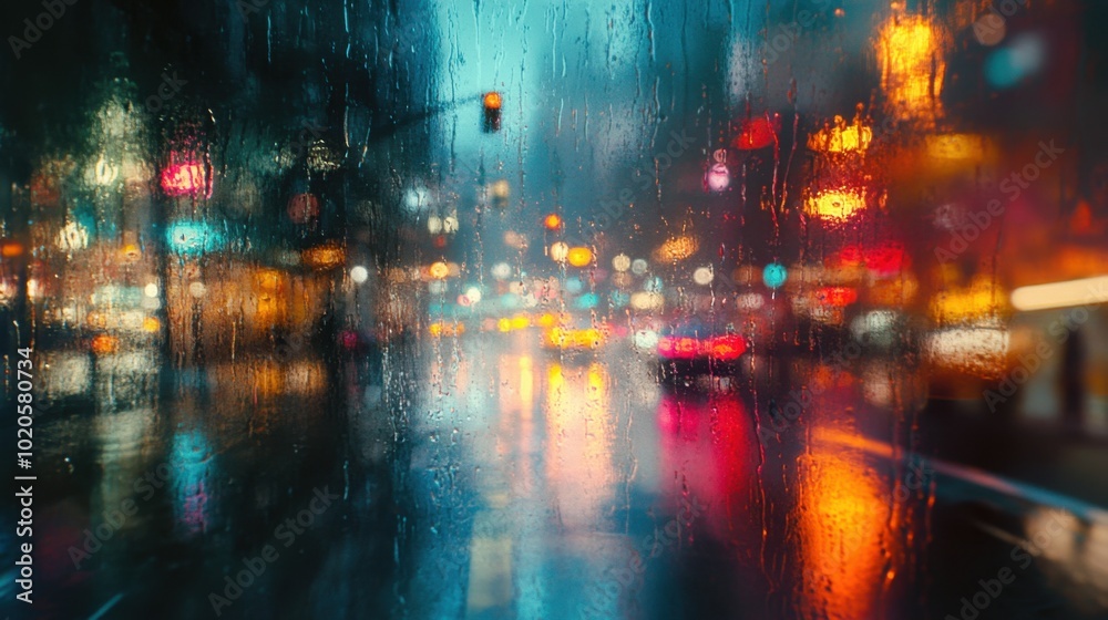 Fototapeta premium Blurred city streets at night under a soft rain, with colorful bokeh lights creating a dreamy, cinematic mood perfect for an urban evening scene