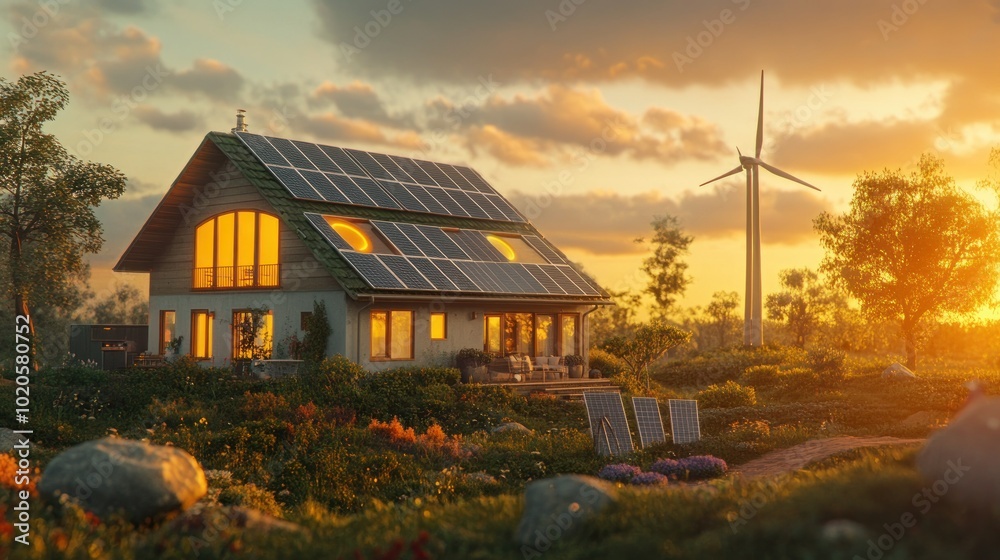 Modern Eco-Friendly Home with Solar Panels and Wind Turbine at Sunset Modern Eco-Friendly Home with Solar Panels and Wind Turbine at Sunset