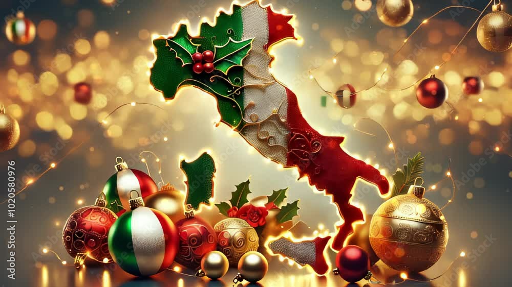 Festive New Year Italy Background with Flag at Christmas. Trendy New Year and Christmas Background of Italy. Festive Christmas Celebration with Italian Map and Holiday Ornaments Festive New Year Italy Background with Flag at Christmas. Trendy New Year and Christmas Background of Italy. Festive Christmas Celebration with Italian Map and Holiday Ornaments