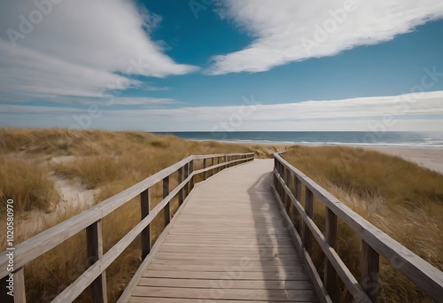 Wallpaper Mural A wooden boardwalk winds through tall grass towards a sandy beach and the ocean. Torontodigital.ca