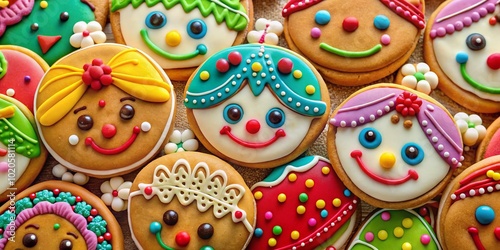 Charming cookies sporting playful faces and vivid decorations on a blue canvas, designed to enhance festive