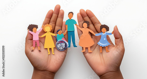 Hands Holding a Paper Cutout of a Family Representing Care, Inclusion, and Diversity photo