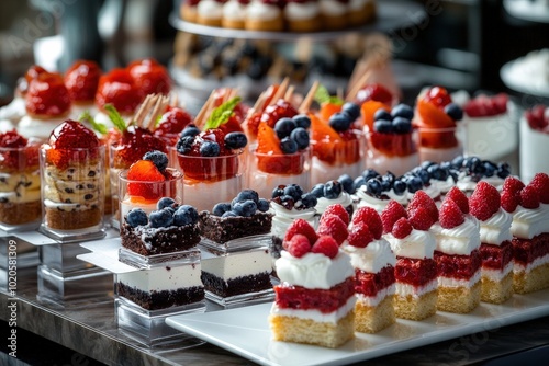A selection of mini desserts adorned with fresh berries and layers of cream, showcasing an elegant array of treats perfect for celebrations or indulgence.