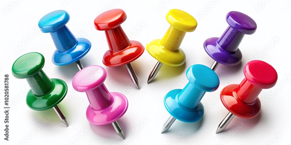 Charming push pins displayed in diverse angles, realistically crafted as 3D map markers. Set on a white background, Charming push pins displayed in diverse angles, realistically crafted as 3D map markers. Set on a white background,