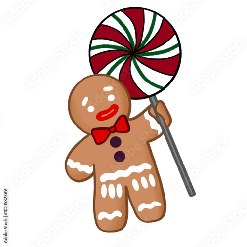 a drawing of gingerbread man holding lollipop candy