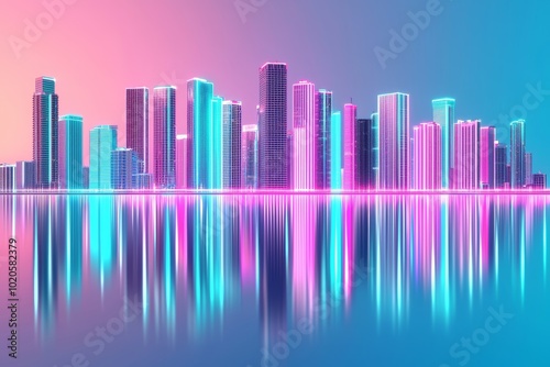 Neon-lit city skyline at night, colorful reflections in the water, vibrant urban scene with glowing skyscrapers, perfect for futuristic cityscapes or urban lifestyle visuals