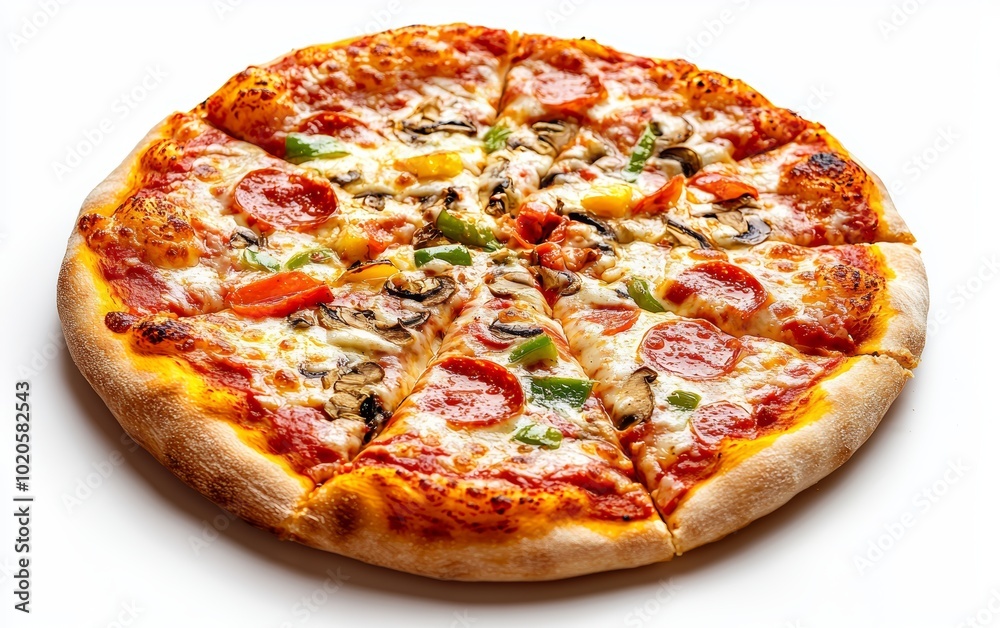 Perfectly baked pizza with a variety of vegetables, bright and appetizing, isolated on white, great for food photography or commercial food product marketing Perfectly baked pizza with a variety of vegetables, bright and appetizing, isolated on white, great for food photography or commercial food product marketing