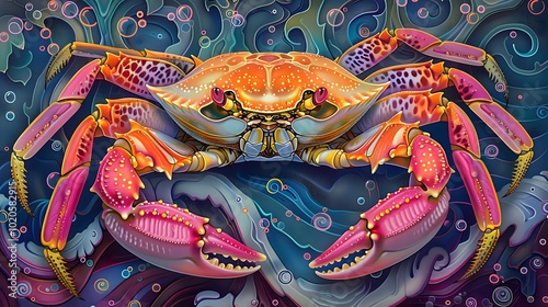 Contemporary illustration of a neon orange crab. AI generated