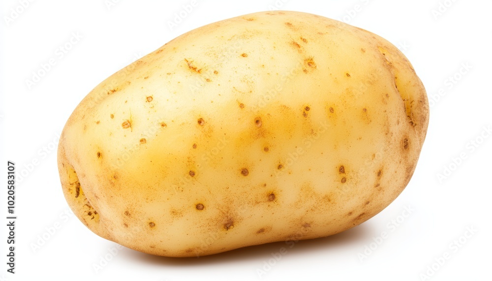Realistic single potato, isolated on white, earthy tones and rough texture, perfect for agricultural themes, organic food markets, or culinary concepts Realistic single potato, isolated on white, earthy tones and rough texture, perfect for agricultural themes, organic food markets, or culinary concepts