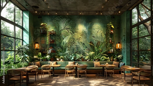 Illustration of a botanical-themed cafe interier. AI generated