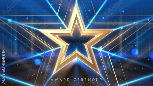 3D luxury golden stars with spotlights and bokeh decorations on blue stage backdrop, elegant awards ceremony background design concept. Vector illustration.