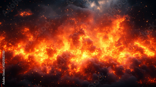 Intense and Dramatic Fiery Explosion Erupting in Cataclysmic in Chaos,Destruction,and Mayhem. Spectacular and Pyroclastic Display of Scorching Energy and Volatility.