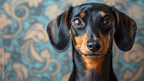 Regal Dachshund Posing Against Vintage-Inspired Ornate Dog Wallpaper in Medium Shot