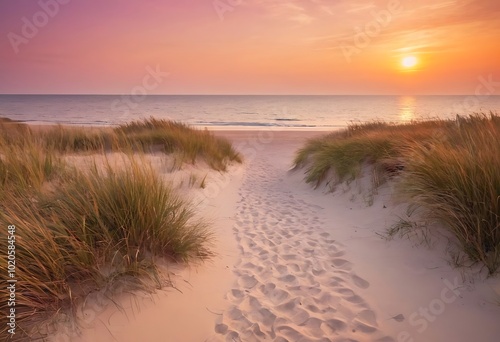 A path leads through tall grass on a sandy beach towards a vibrant sunset.