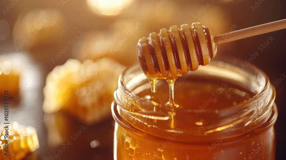 Fresh honey dripping from a wooden stick into a glass jar, with honeycomb pieces nearby, representing a healthy, sweet, and natural dessert option Fresh honey dripping from a wooden stick into a glass jar, with honeycomb pieces nearby, representing a healthy, sweet, and natural dessert option
