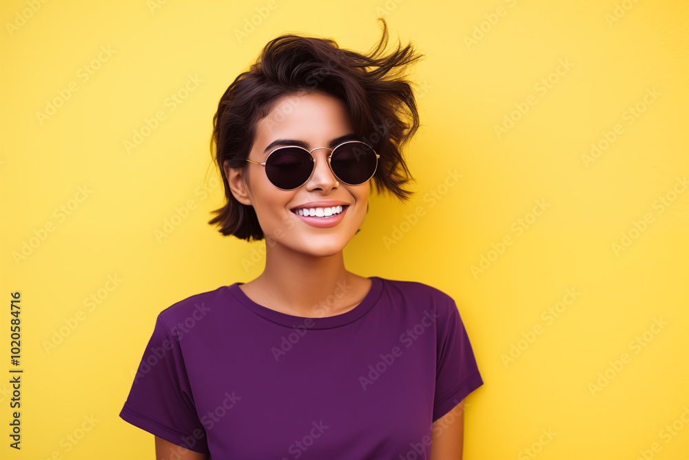 Smiling woman in sunglasses and purple shirt against yellow background with copy space.. Smiling woman in sunglasses and purple shirt against yellow background with copy space..