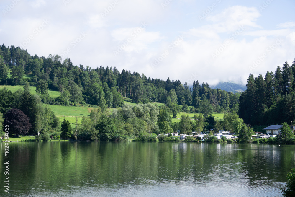 Charming countryside with a lake, green fields and a big pine forest under an overcast sky Charming countryside with a lake, green fields and a big pine forest under an overcast sky