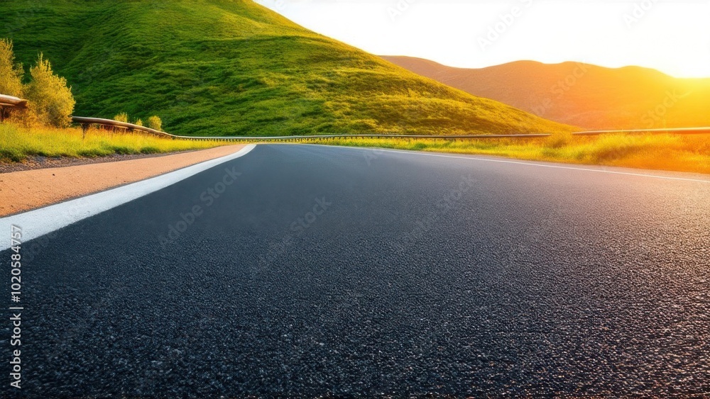 Asphalt road square and green mountain natural landscape at sunset Asphalt road square and green mountain natural landscape at sunset